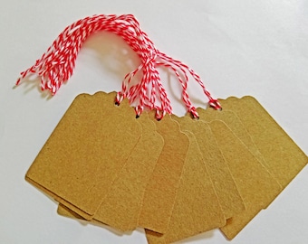 10 Hand Punched Kraft Gift Tags with Bakers String (Red or Green)