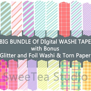 Big Bundle Set of 45 Digital Washi Tape, Plus 10 Extra Digital Glitter, Foil Washi & 3 Digital Textured Torn Papers, Commercial Personal Use