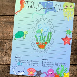 Onder de zee 8 x 11 inch babytand uitbarsting grafiek, thuis afdrukken, Instant Download, baby-octopus, walvis, zeester, kwallen tand grafiek
