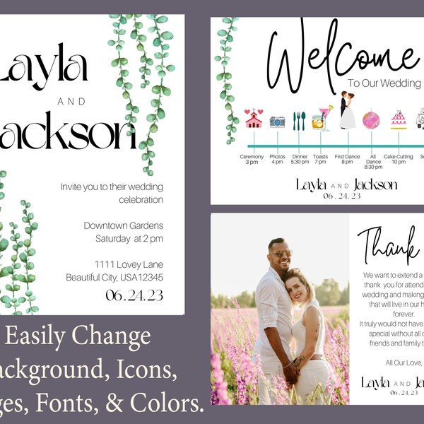 5 x 7 inch Succulent Pearl Plant Wedding Template Set, You Custom Design in Canva. Includes Invitation, Thank You, and Events of the Day