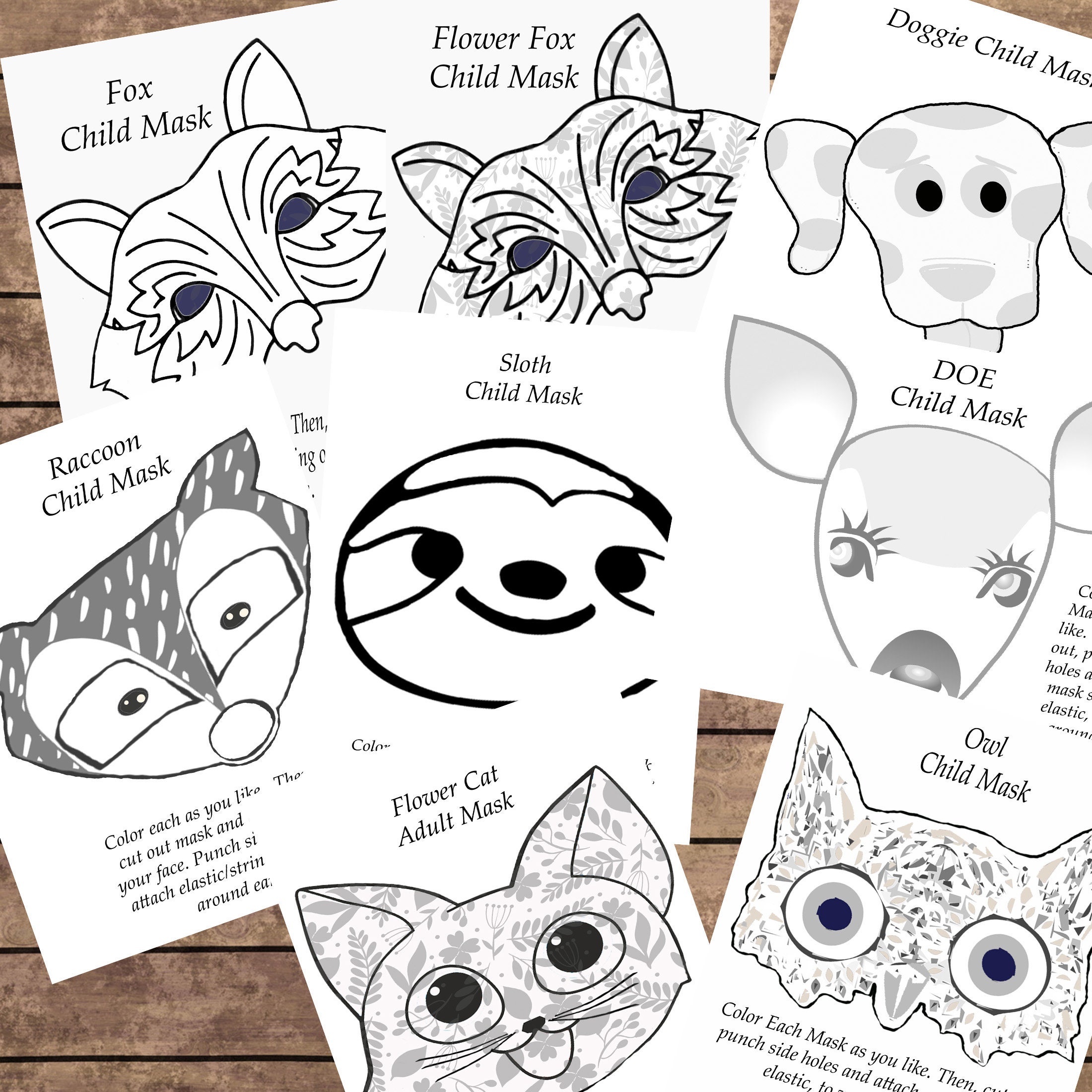 8 CHILD Sized Printable PDF Coloring Animal Masks Make Your Etsy