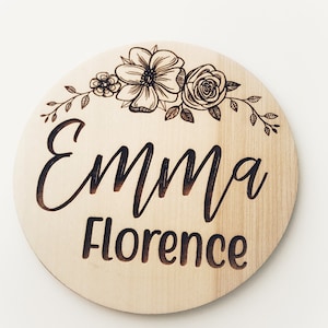 Birth Announcement Sign / Floral Engraved Round Wood Sign / Newborn Baby Name Sign / Baby Shower Gift / Magnolia Floral Name Sign
