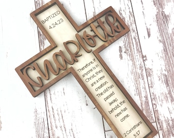 Baptism Gift Wood Cross Personalized with Wooden Name for Boy or Girl. Custom Gift for Baby Girl Boy or Teen Christening Dedication Baptized