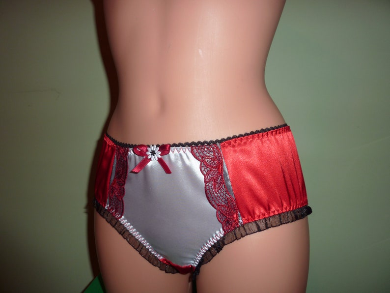 Vintage Style Romantic Shiny RED /& White Satin Bikini PantiesKnickers with Organza Ruffles and EmbroiderySatin LingerieSatin Underwear