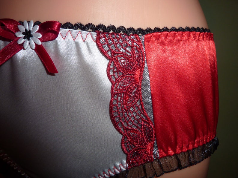 Vintage Style Romantic Shiny RED /& White Satin Bikini PantiesKnickers with Organza Ruffles and EmbroiderySatin LingerieSatin Underwear