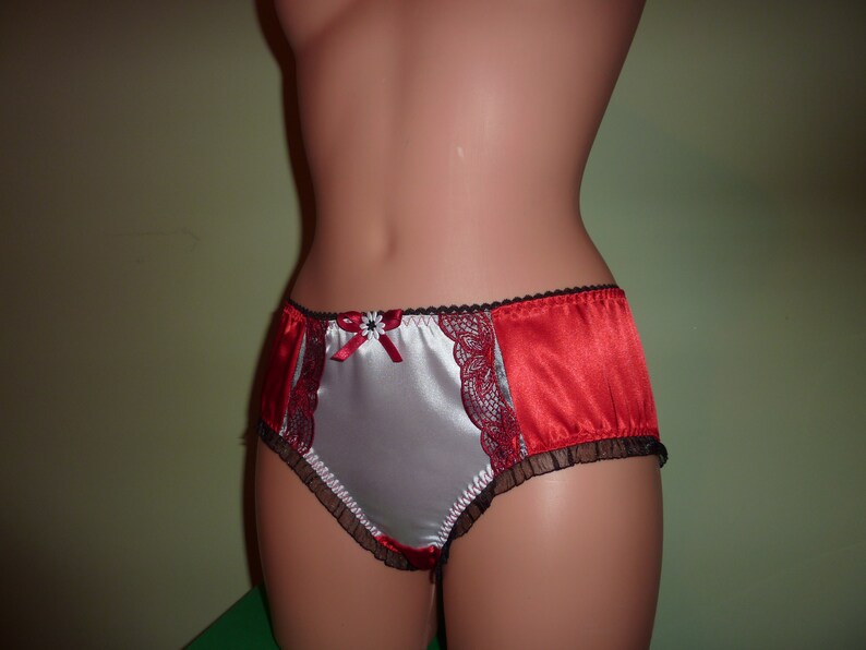 Vintage Style Romantic Shiny RED /& White Satin Bikini PantiesKnickers with Organza Ruffles and EmbroiderySatin LingerieSatin Underwear