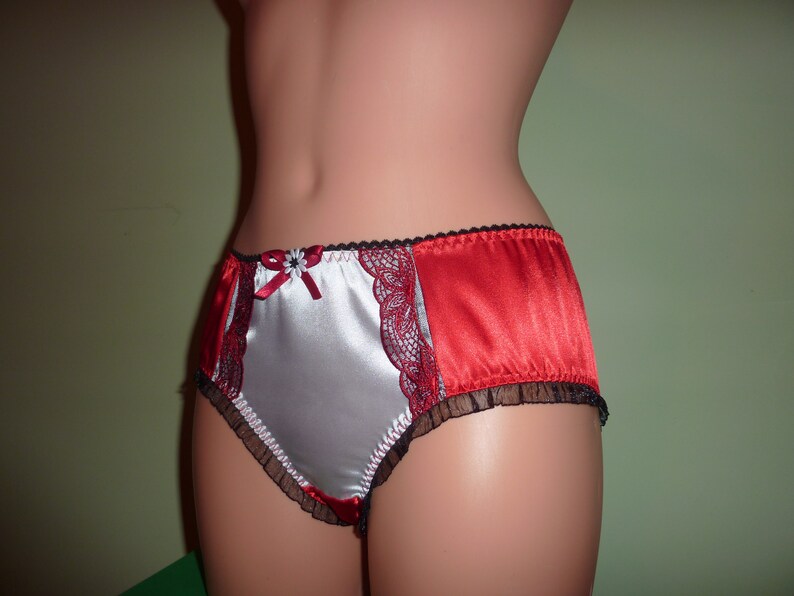Vintage Style Romantic Shiny RED /& White Satin Bikini PantiesKnickers with Organza Ruffles and EmbroiderySatin LingerieSatin Underwear