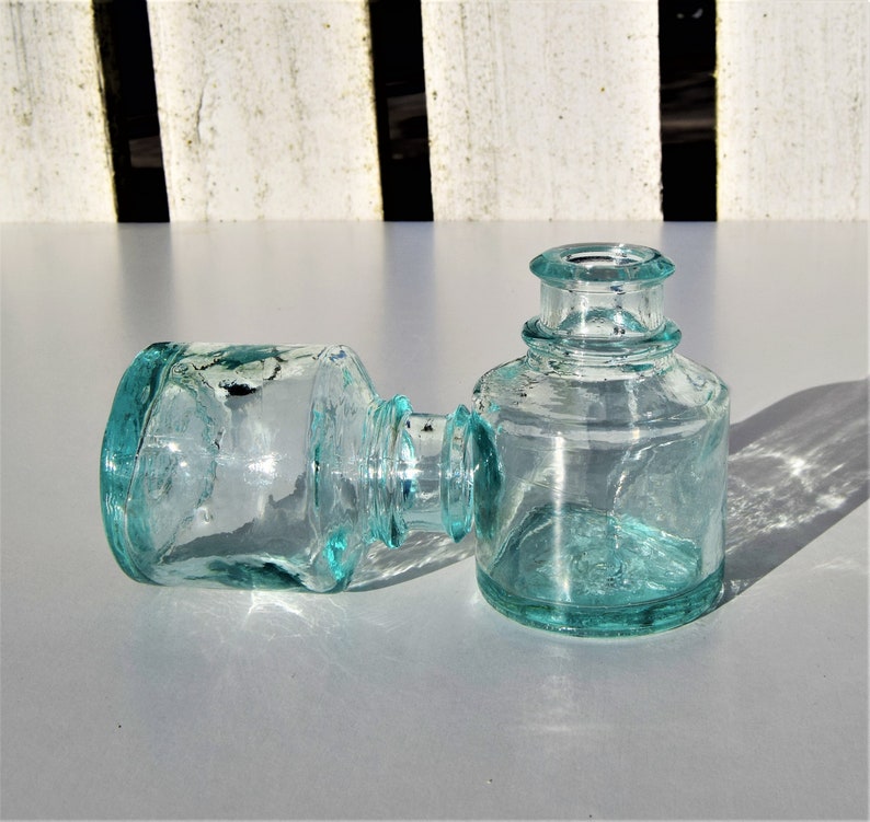 Vintage Inkwell Pot / Old Green Glass Ink Bottle / Little Etsy