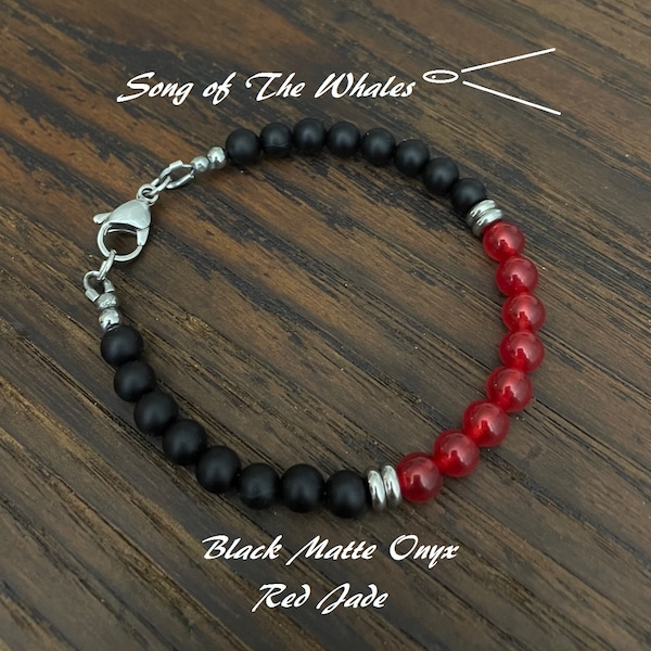Men's Jade & Black Onyx Bracelet 7 1/2",  6mm Myanmar Red Jade, 6mm Matte Black Onyx, Stainless Steel Wiring Spacers Clasp, Hypoallergenic