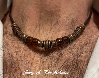 Beaded Choker Necklaces 16- 20", Smoky Topaz Crow Beading, 3mm Premium Leather Cord, Antiqued Copper Beading Ends Clasp