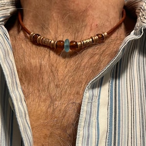 Men&#39;s Sea Glass Leather Necklace Size 16&quot;-22&quot;, Men&#39;s Leather Chokers, Boyfriend Gift&#39;s, Gifts For Him, Men&#39;s Leather Necklace&#39;s