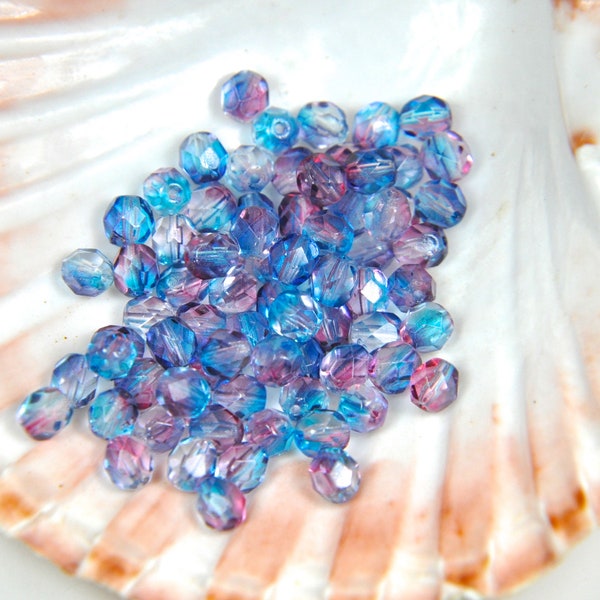 25 Blue/pink 6mm fire-polished round beads dual coated aqua fuchsia