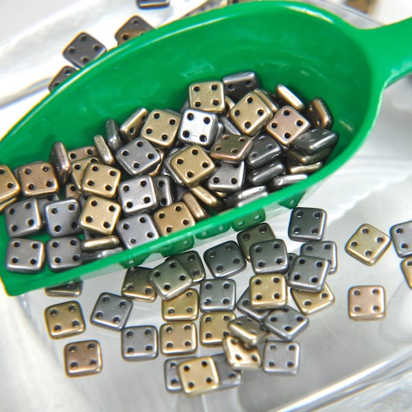 50 metallic mix square 4-hole QuadraTile 6mm tile beads matte metallic leather 50 beads Czech glass CzechMate