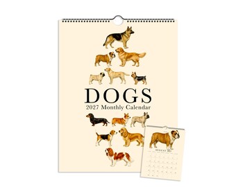 Könnte beinhalten: Ein monatlicher Wandkalender für 2027 mit cremefarbenem Hintergrund, der verschiedene Hunderassen in Baumform zeigt. Der Text lautet DOGS 2027 Monthly Calendar. Ein kleineres Kalenderblatt für August 2027 mit einer Bulldogge ist zu sehen.