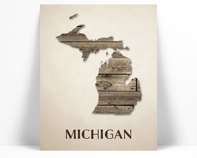 Michigan Map Art Print State Map Modern Farmhouse Wood Etsy