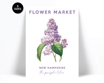 Flower Market Art Print - New Hampshire State Flower Wall Art - Purple Lilac Poster - Floral Botanical Plants Art - Flower Shop Botany Decor