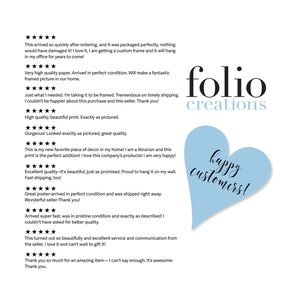 May include: A collection of positive customer reviews for a business called "folio creations". The reviews are displayed in a white text box with a blue heart graphic that says "happy customers!"