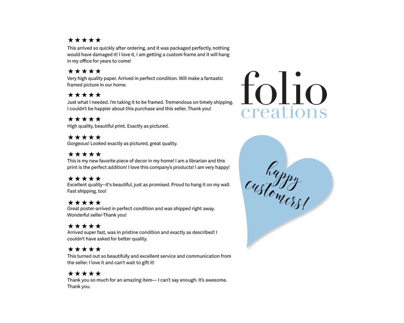 May include: A collection of positive customer reviews for a business called "folio creations". The reviews are displayed in a white text box with a blue heart graphic that says "happy customers!"