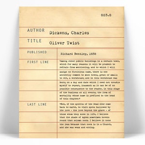 Oliver Twist by Charles Dickens Library Card Art Print Literary Book Lover Poster Children's Book Gift Dewey Decimal System Art image 1