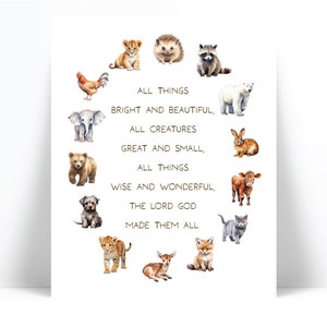 All Creatures Great and Small Quote Art Print - Watercolor Animals Poster - Nursery Decor - Bright and Beautiful - Children&#39;s Hymn Wall Art
