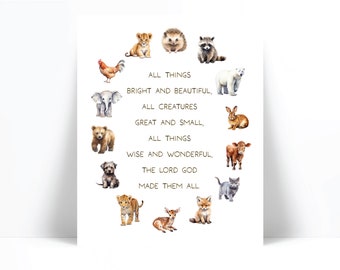 All Creatures Great and Small Quote Art Print - Watercolor Animals Poster - Nursery Decor - Bright and Beautiful - Children's Hymn Wall Art