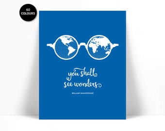 William Shakespeare Quote Art Print  - You Shall See Wonders - Inspirational Shakespeare - Nursery Adventure Quote - World Map Travel Art