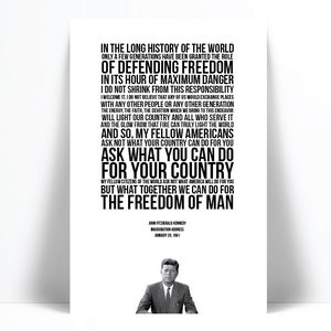 John Fitzgerald Kennedy Inauguration Speech Art Print - JFK Quote - Classroom - Presidential Speech - Motivational - History Teacher Gift