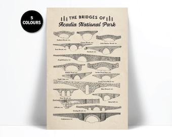 The Bridges of Acadia National Park Poster Art Print - Maine Decor - Travel Hiking Poster - Bar Harbor - Architecture Engineering History