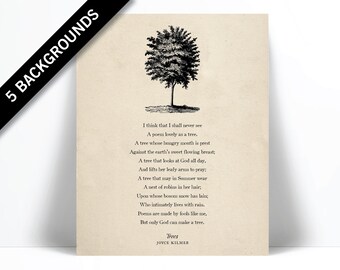 Trees by Joyce Kilmer Poetry Art Print - I Think That I Shall Never See - Nature Lover Gift Poster - Inspirational Motivational - Literary