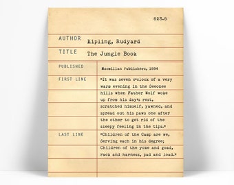 The Jungle Book by L. Rudyard Kipling - Library Card Art Print - Book Lover Literary Library Poster - Children's Art - Dewey Decimal System