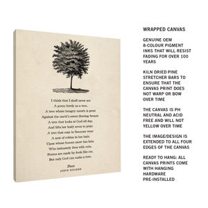 May include: A black and white illustration of a tree with the poem "I think that I shall never see A poem lovely as a tree." by Joyce Kilmer. The image is printed on a canvas wrapped around a wooden frame. The canvas is ready to hang with pre-installed hardware.