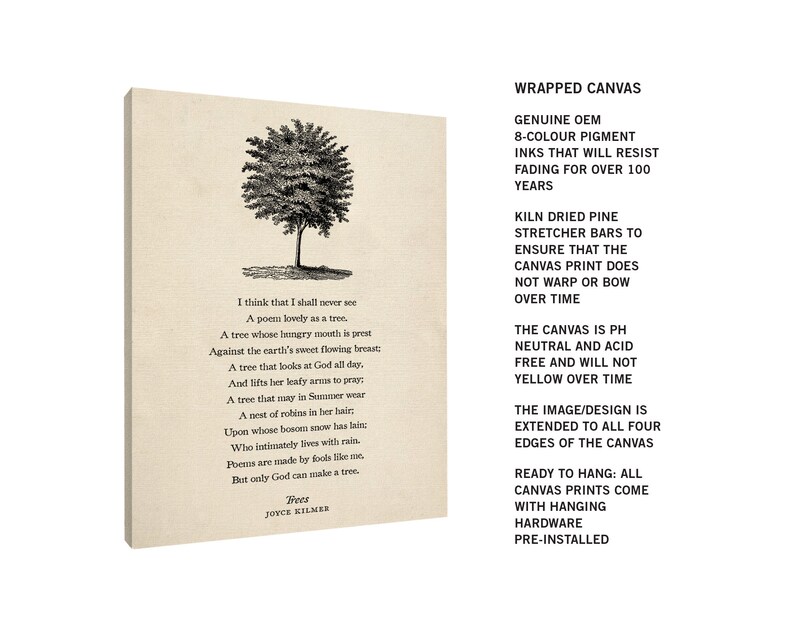 May include: A black and white illustration of a tree with the poem "I think that I shall never see A poem lovely as a tree." by Joyce Kilmer. The image is printed on a canvas wrapped around a wooden frame. The canvas is ready to hang with pre-installed hardware.