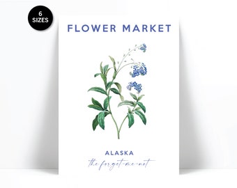 Flower Market Art Print - Alaska State Flower Wall Art - Forget Me Not Poster - Floral Botanical Plant Print - Flower Shop Art Decor Print