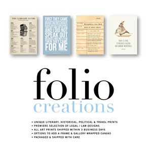 May include: A collection of four printable art prints featuring black and white text on a cream background. The prints are titled "The Library Guide", "First They Came", "Anne of Green Gables", and "Travel is fatal to prejudice, bigotry, and narrow-mindedness". The prints are part of a collection called "folio creations".