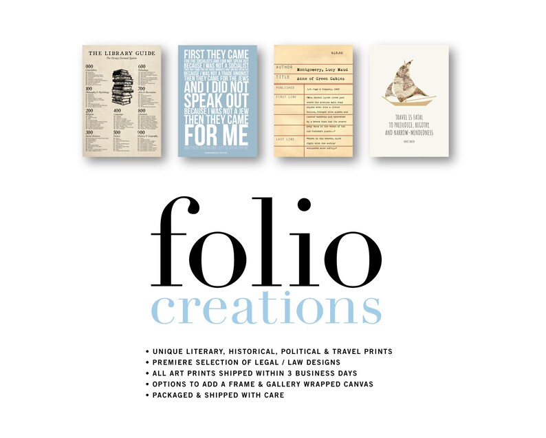 May include: A collection of four printable art prints featuring black and white text on a cream background. The prints are titled "The Library Guide", "First They Came", "Anne of Green Gables", and "Travel is fatal to prejudice, bigotry, and narrow-mindedness". The prints are part of a collection called "folio creations".