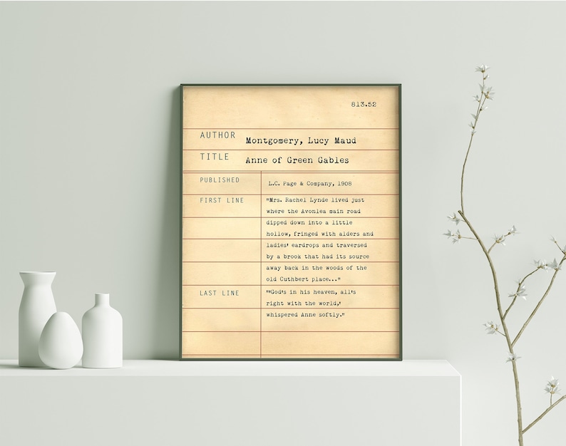 May include: A vintage-style book cover print featuring the title "Anne of Green Gables" by Lucy Maud Montgomery, published in 1906 by L.C. Page & Company. The print includes the first and last lines of the book.