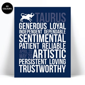 Taurus Personality Character Traits - Subway Art Print - Typography Poster - Astrology Zodiac Wall Art - Birthday Gift - Horoscope Art Print