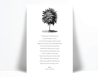 Trees by Joyce Kilmer Poetry Art Print - I Think That I Shall Never See - Nature Lover Gift Poster - Inspirational Motivational - Literary