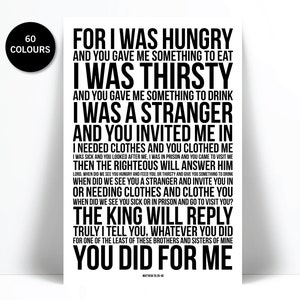 Matthew 25 Spiritual Quote Art Print - Inspirational Motivational Christian Bible Poster - For I Was Hungry - Charitable Giving Compassion