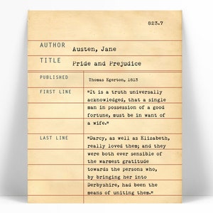 Pride and Prejudice by Jane Austen - Library Card Art Print - Book Lovers Poster Gift - Literary Library Poster - Dewey Decimal System Art