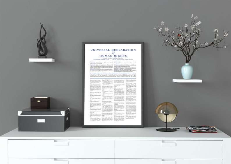 May include: A framed print of the Universal Declaration of Human Rights document, hanging on a gray wall above a white dresser. The print is in black and white with blue text. The dresser has two drawers and is decorated with a small black box, a decorative sculpture, and a lamp with a glass globe.