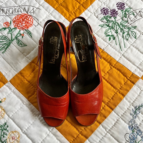 60s - PAPPAGALLO - Orange Leather Sandals, 7 1/2-8