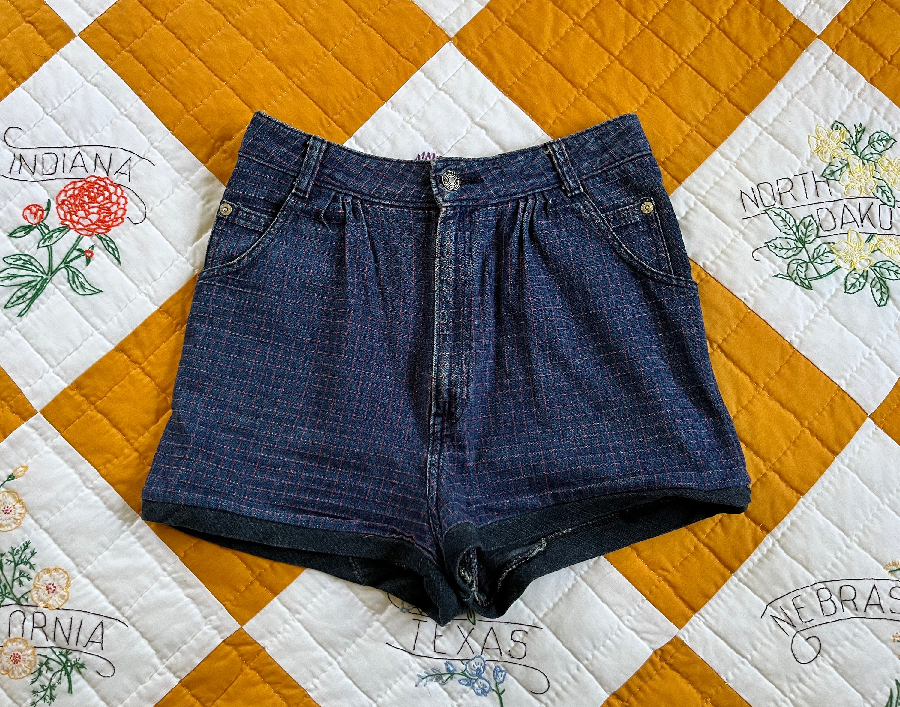Checkered Denim Shorts - Etsy