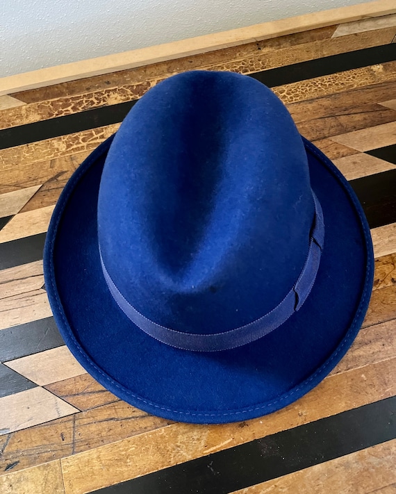 80s - BRONER - Blue Felt Fedora Hat