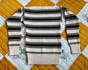 90s - KLASSE - Cream + Chocolate Striped Boatneck Sweater, Small-Medium