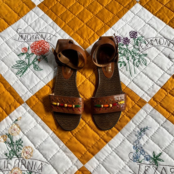 80s/90s - KALLI - Honey-Brown Leather Sandals with Colorful Adornments, 7 1/2-8