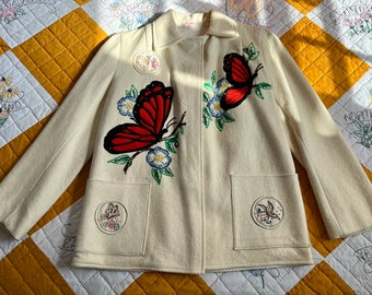 70s Handmade + Hand Embroidered Butterfly Jacket with Added Patches, Small
