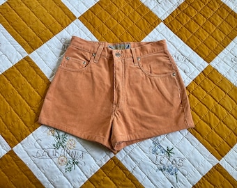 May include: A pair of orange corduroy shorts with a high waist and five pockets. The shorts are made of a soft, comfortable fabric and have a relaxed fit.