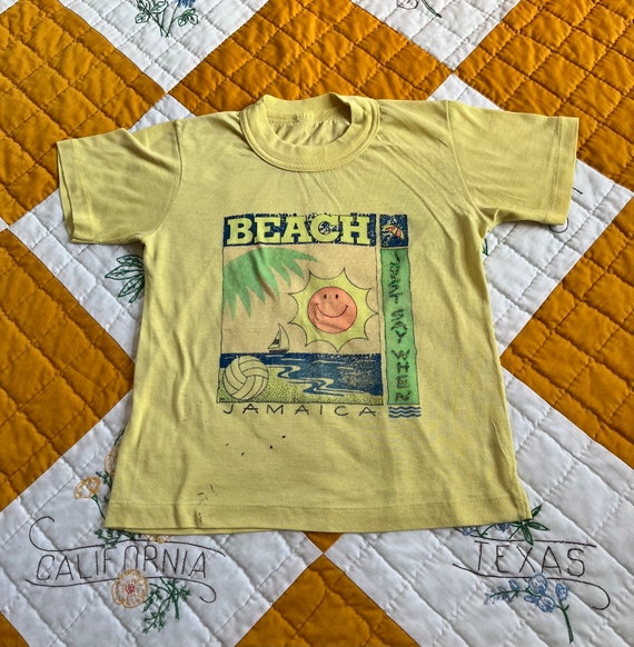 80s Pale Yellow Cropped "Jamaica" Graphic Tee, Ex… - image 1