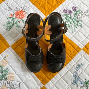 70s - REJANE - Black Leather Platform High-Heel Sandals, 8